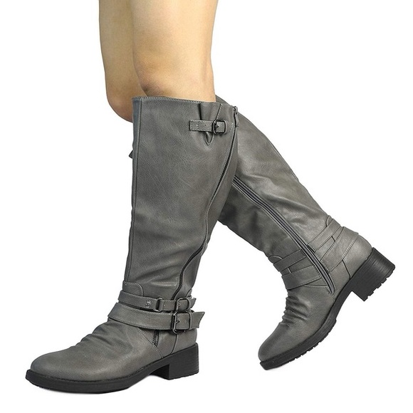 Journee Collection Light Gray Faux Leather Knee High Riding Boots - Picture 1 of 8